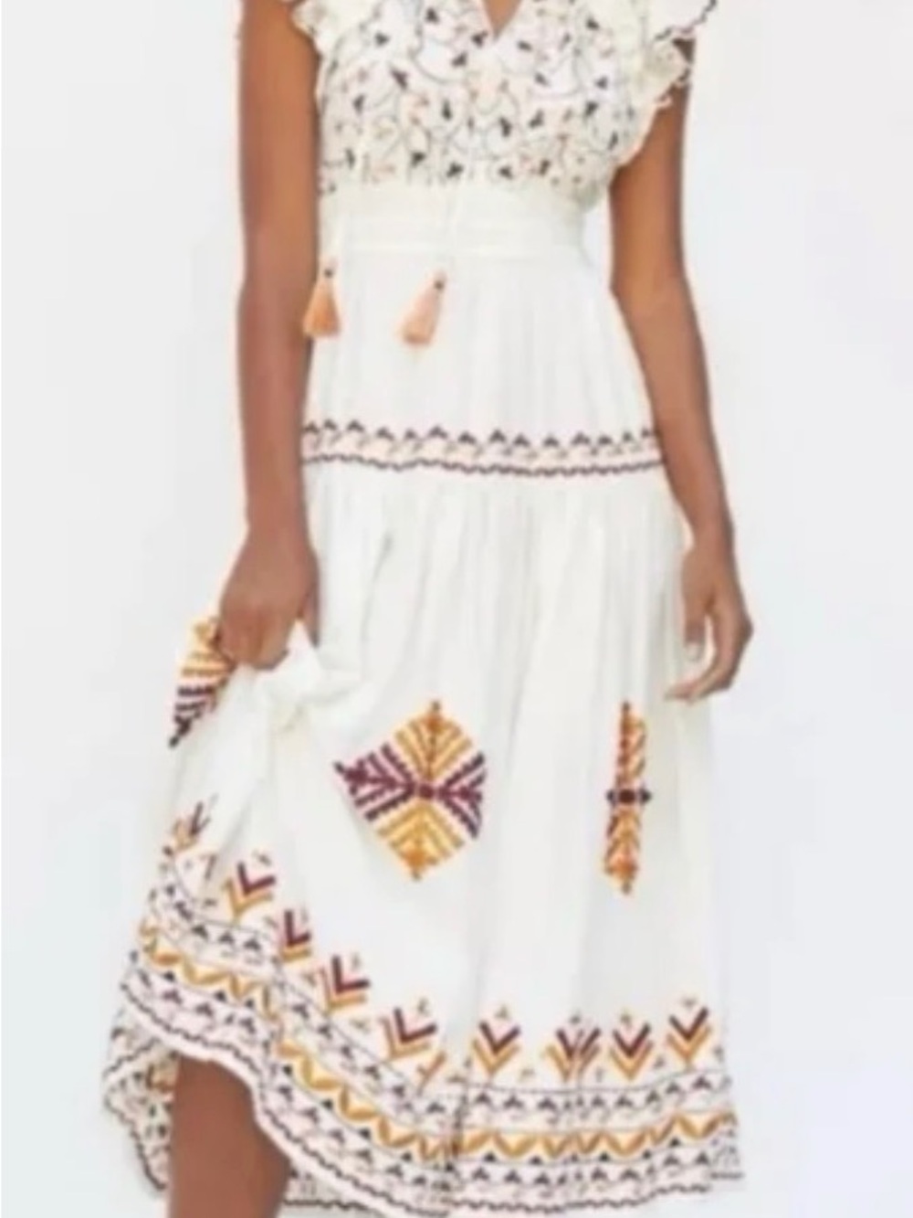 Anthropologie White Midi Dress with Mustard and Burgundy Embroidery